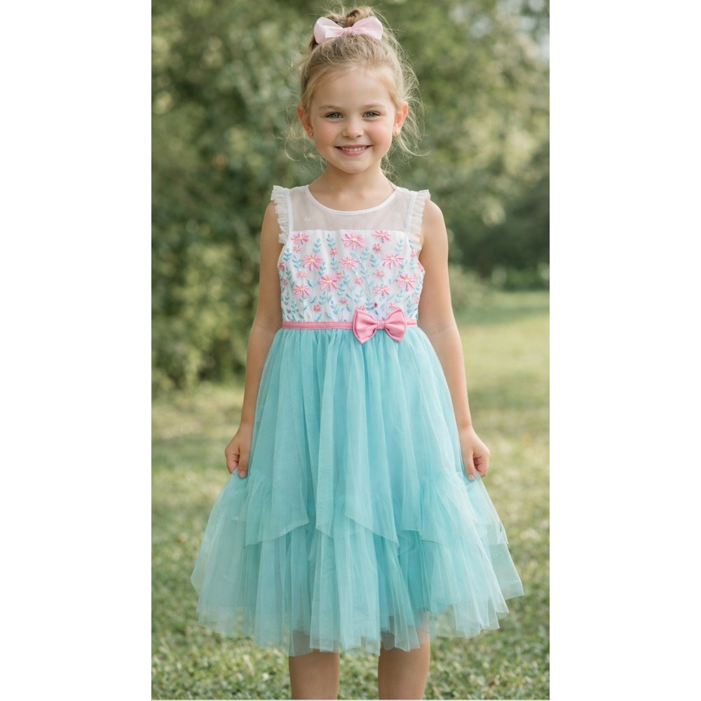 Jona Michelle Girls Floral Embroidered Tulle Party‎ Dress Turquoise Pink Size 6
